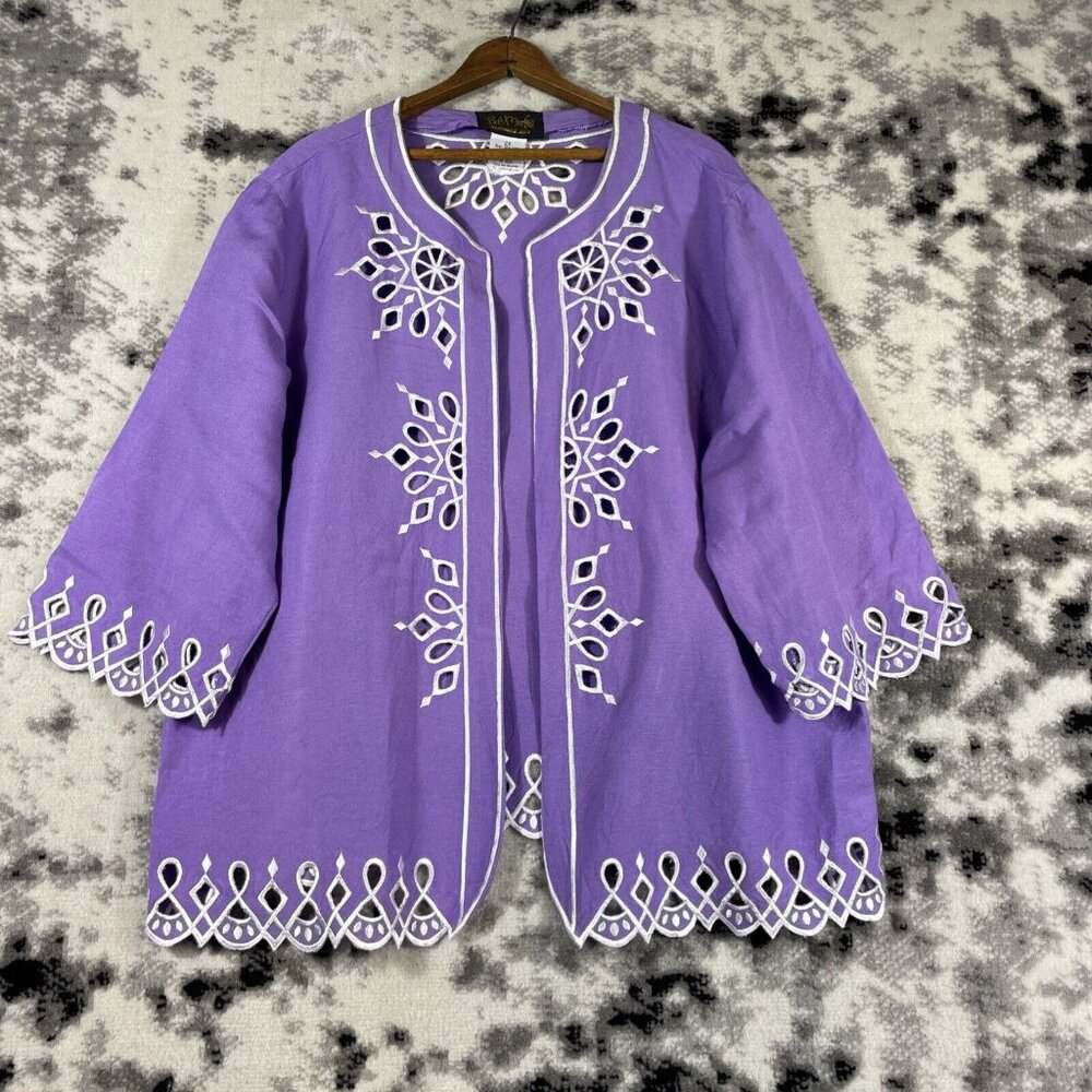 Bob Mackie Open Top Womens Size‎ 2X Purple White Trim Lace Linen Rayon